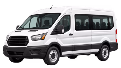 White commercial passenger van shown from a front three-quarter view